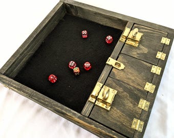 Rogue Class Wood Dice Tray, Black Felt Lined, Brass Hardware, Tabletop Gaming Storage