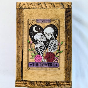 Hand Painted Skeleton Lovers Tarot Box, Reclaimed Wood Card Storage, Velvet Lined with Divided Interior