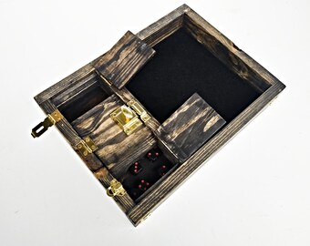 Rogue Class Tray, Wood Dice Tray, Handmade Felt Lined Tray, Dungeon Master Gift, Tabletop Gaming Box, Dice Game Storage, Black and Gold Tray