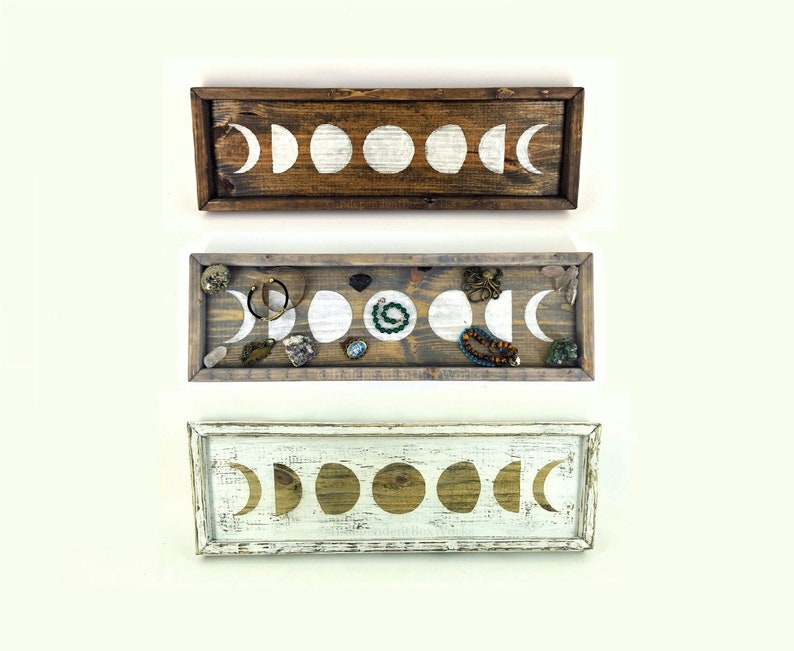 Crystal Display Wood Jewelry Tray Candle Holder Lunar Cycle Tray Moon Phase Shallow Vanity Tray Boho Decor Brown Grey or White Tray