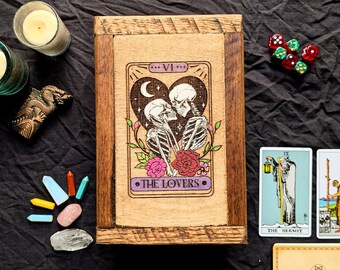 Hand Painted Skeleton Lovers Tarot Box, Reclaimed Wood Card Storage, Velvet Lined with Divided Interior