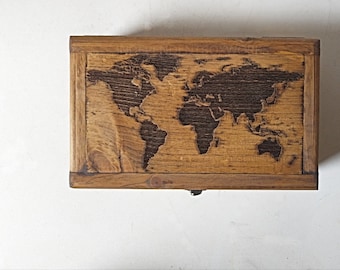 Engraved World Map Wood Box Handmade in Vermont, Travel Keepsake, Adventure Gift for Graduation