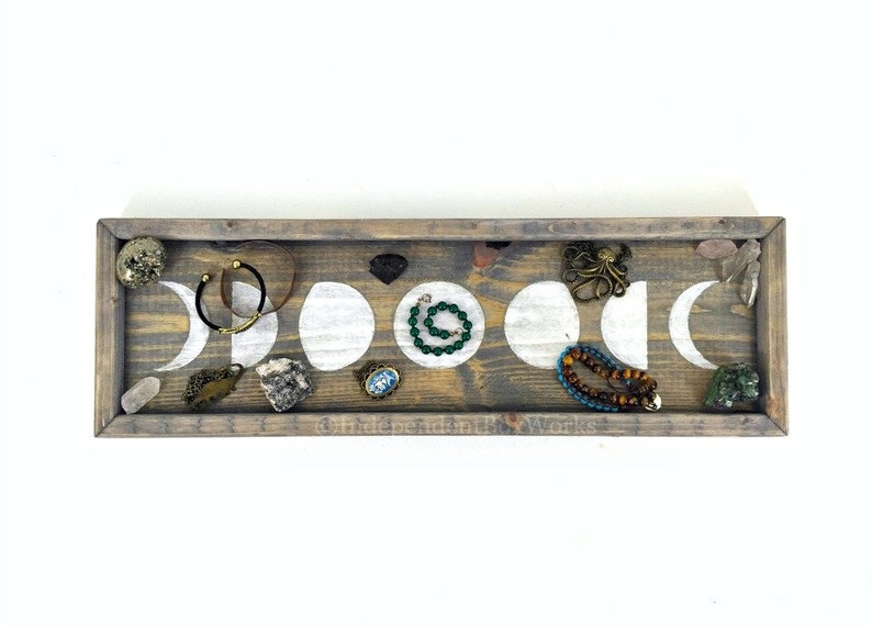 Crystal Display Wood Jewelry Tray Candle Holder Lunar Cycle Tray Moon Phase Shallow Vanity Tray Boho Decor Brown Grey or White Tray