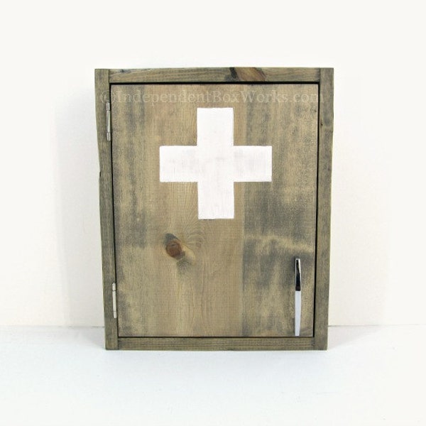 Grey and White Medicine Cabinet - Weathered Gray First Aid Cabinet with White Cross - Wall Mount Emergency Supply Cabinet, Boho Home Decor