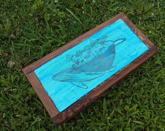 Rustic Wooden Jewelry Box Handmade Using Reclaimed Wood with Turquoise Lid Featuring Mushroom Whale
