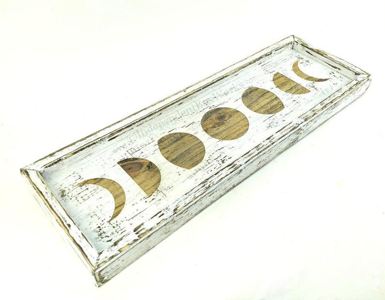 Crystal Display Wood Jewelry Tray Candle Holder Lunar Cycle Tray Moon Phase Shallow Vanity Tray Boho Decor Brown Grey or White Tray