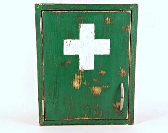 Handmade Green Medical Cabinet, Custom First Aid Cabinet, Green and White Cross Cabinet, Bathroom Medicine Storage, Emergency Supply Cabinet