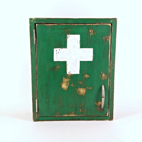Handmade Green Medical Cabinet, Custom First Aid Cabinet, Green and White Cross Cabinet, Bathroom Medicine Storage, Emergency Supply Cabinet