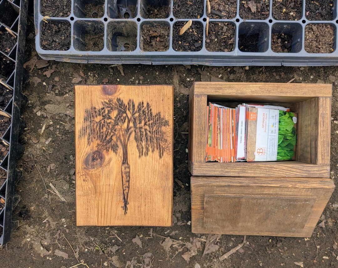 Small Seed Storage Box With Carrot Engraving, Lift off Lid Handmade ...