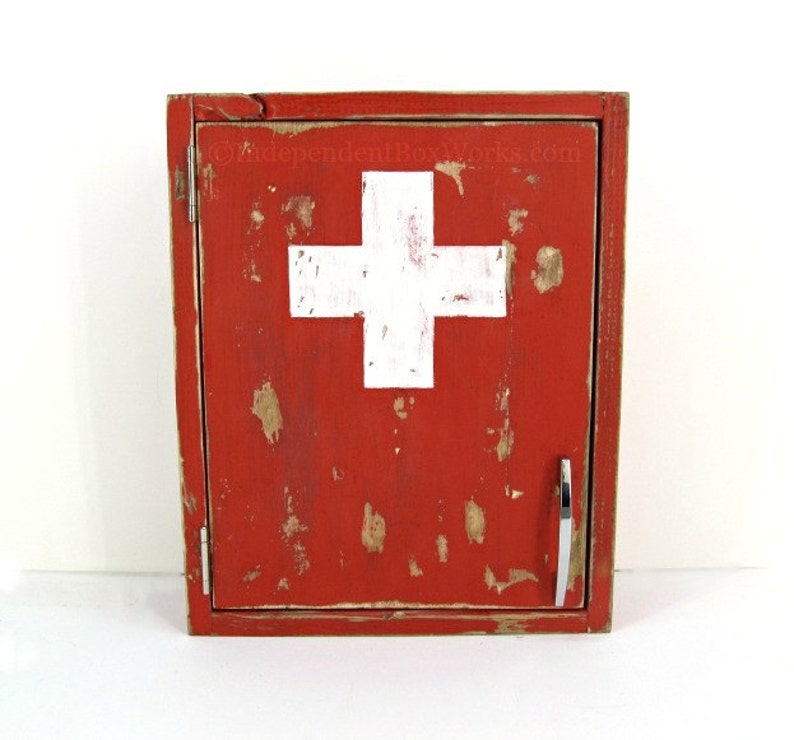 Distressed Red Medicine Cabinet Handmade Painted White Cross First Aid Cabinet Custom Emergency Supply Cabinet Small Bathroom Storage image 1