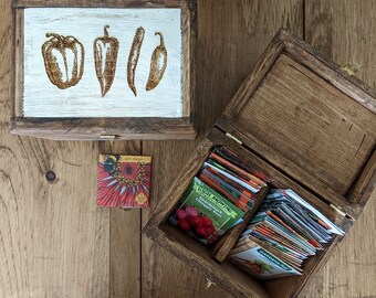 Handcrafted Wooden Seed Packet Storage Box with Pepper Engraving - Two Section Interior for Organized Gardening - Spice up Your Seeds!