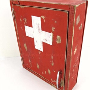 Distressed Red Medicine Cabinet Handmade Painted White Cross First Aid Cabinet Custom Emergency Supply Cabinet Small Bathroom Storage image 2