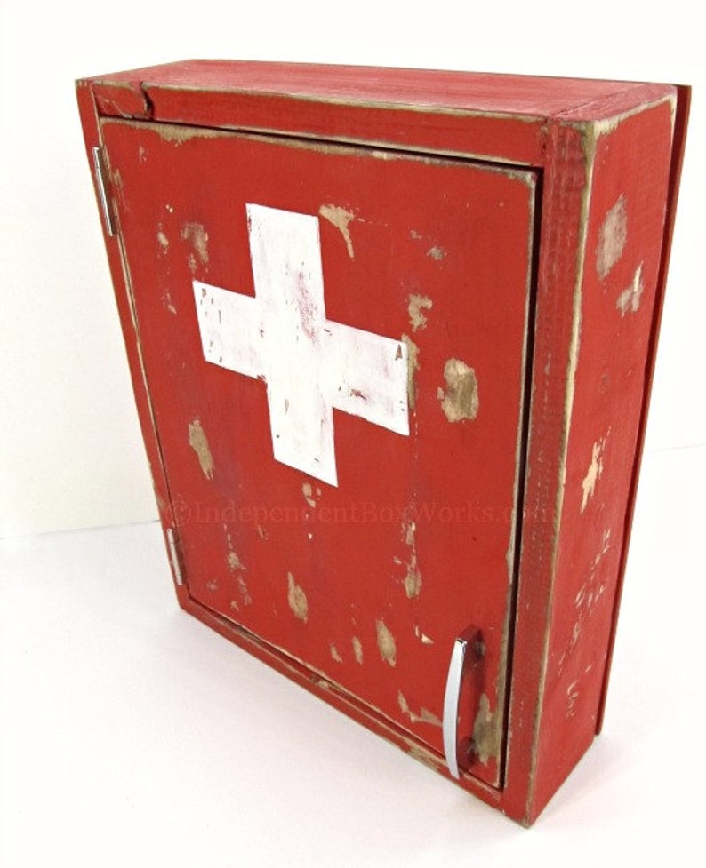 Distressed Red Medicine Cabinet Handmade Painted White Cross First Aid Cabinet Custom Emergency Supply Cabinet Small Bathroom Storage image 2