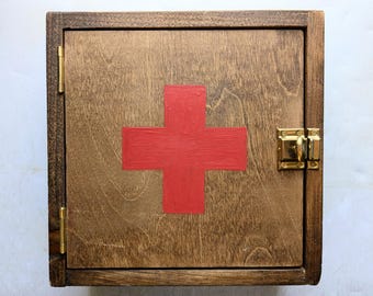 Trousse de premiers soins en bois de noyer foncé, armoire à pharmacie Croix-Rouge, rangement mural