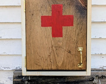 Distressed White Medicine Cabinet - Handmade Wooden Red Cross First Aid Cabinet - Custom Emergency Supply Cabinet - Small Bathroom Storage