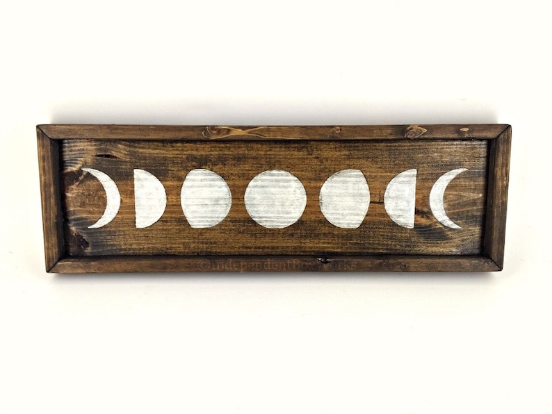 Crystal Display Wood Jewelry Tray Candle Holder Lunar Cycle Tray Moon Phase Shallow Vanity Tray Boho Decor Brown Grey or White Tray