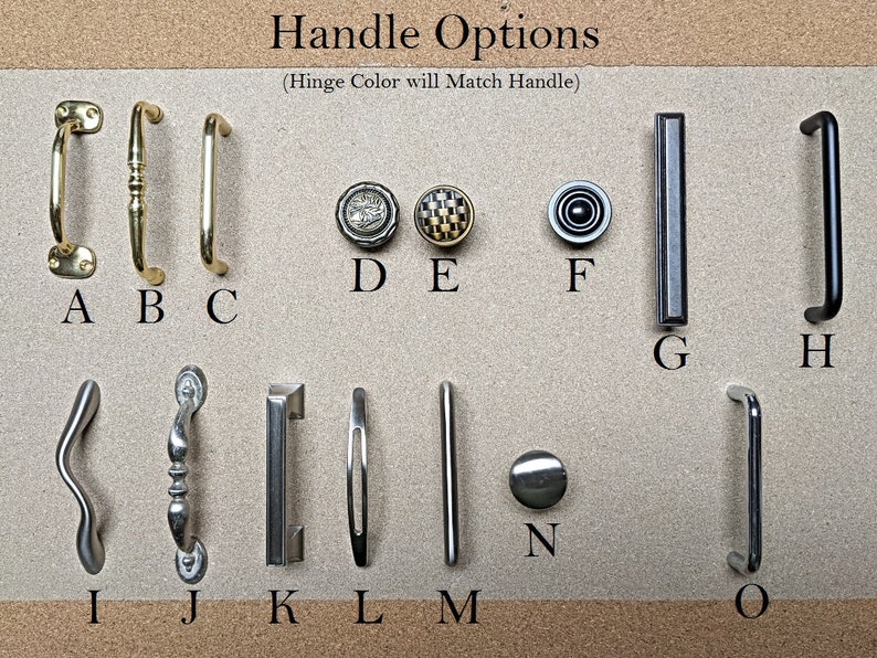 May include: A variety of door handle options are displayed on a neutral background. The handles come in various shapes, sizes, and finishes, including brass, silver, and black. The text "Handle Options" is at the top, with a note about hinge color.