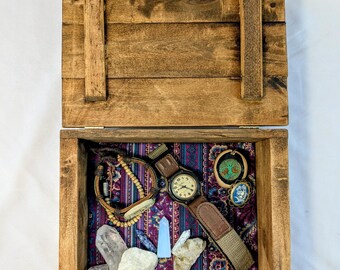 Handmade Maple Wood Box with Live Edge Lid and Boho Fabric Lining