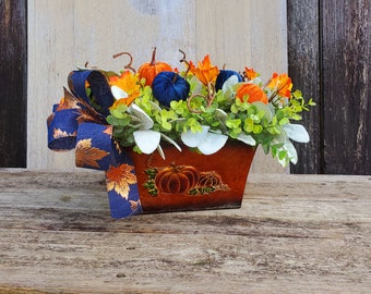 Orange and Blue Fall decor, navy blue fall decor, thanksgiving home decor, fall floral arrangement, autumn table decor, pumpkin centerpiece