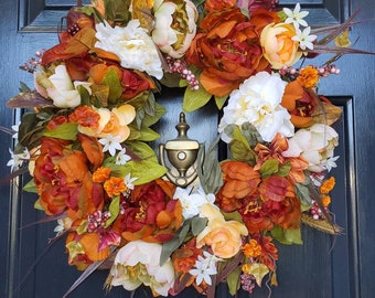 thanksgiving floral wreath, farmhouse fall design, rustic round swag, fall floral wreath, harvest decor, autumn door wreath,