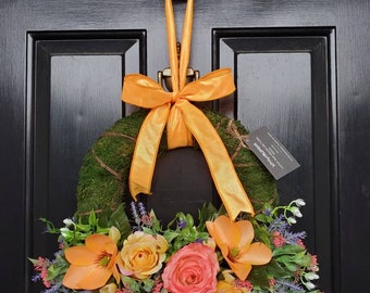 Summer door wreath, floral moss wreath, spring floral wreath, moss wreath for spring, colorful summer wreath