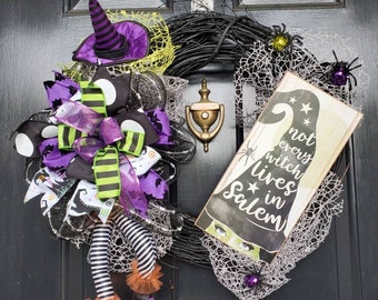 Traditional Halloween witch wreath, halloween farmhouse decor, gothic witch decor, purple and black halloween wreath, retro halloween decor