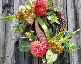 hydrangea wreath for front door, year round flower wreath, elegant floral wreaths for front door, spring, spring decorations,everyday wreath