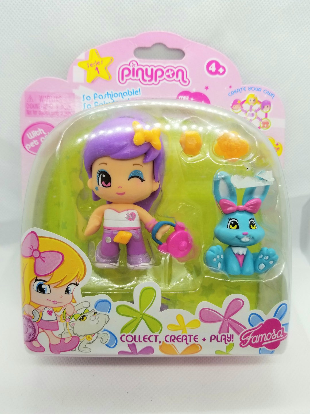 Pinypon Friends Love Shopping and Fashion With Pet Pals. Two Faces rotate  and Change the Expression. Doll Purple Hair With Rabbit. 