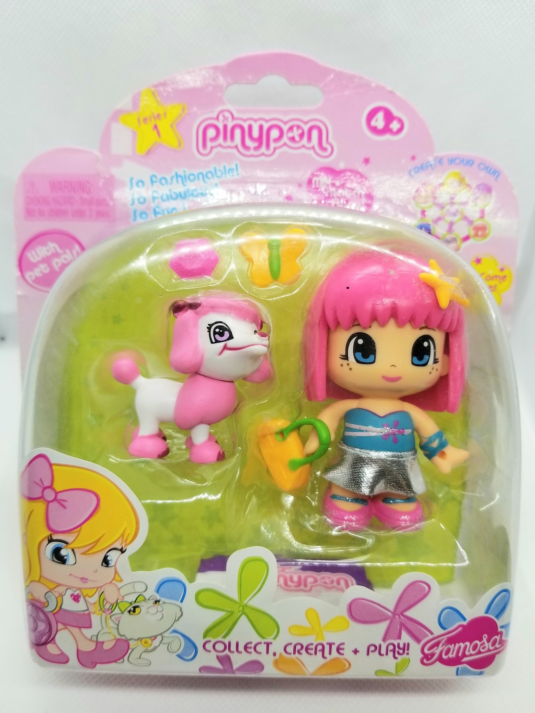 Pinypon Friends Love Shopping and Fashion With Pet Pals. Two Faces rotate  and Change the Expression. Doll Pink Hair With French Puddle. 