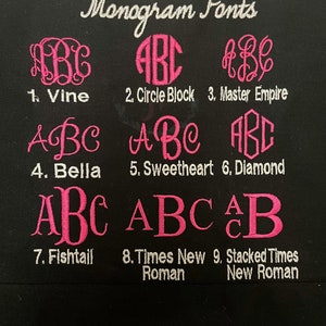May include: A chart showing nine different monogram fonts, labeled with their names: Vine, Circle Block, Master Empire, Bella, Sweetheart, Diamond, Fishtail, Times New Roman, and Stacked Times New Roman.