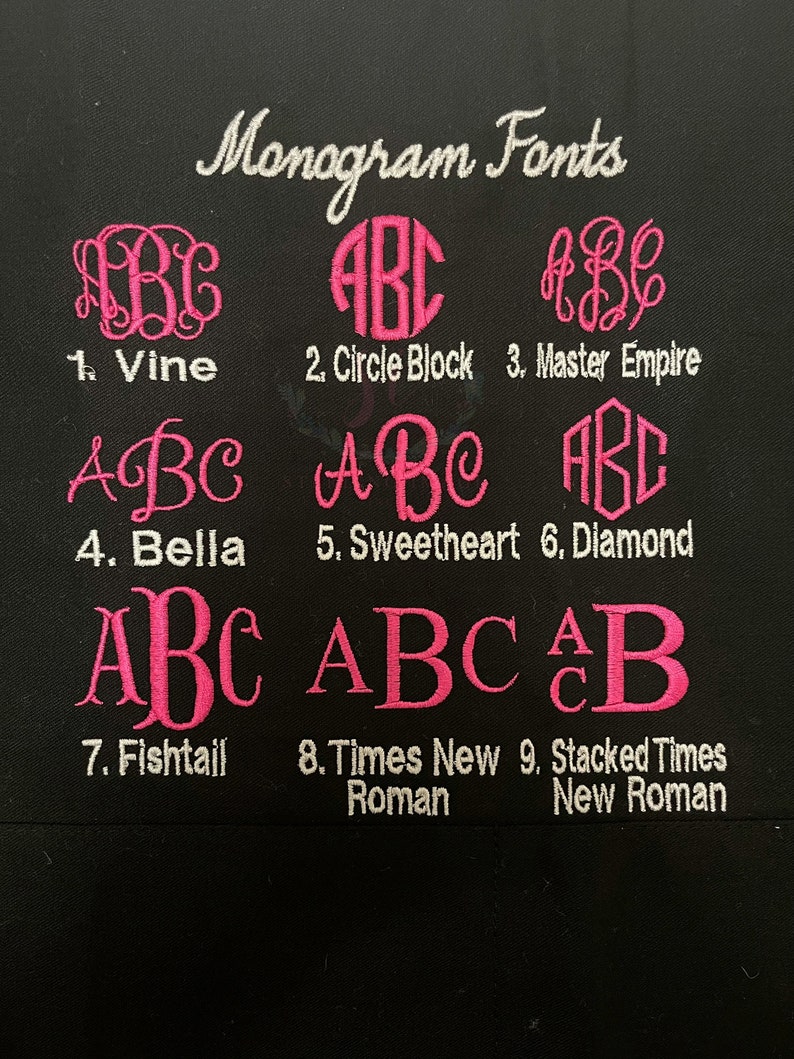 May include: A chart showing nine different monogram fonts, labeled with their names: Vine, Circle Block, Master Empire, Bella, Sweetheart, Diamond, Fishtail, Times New Roman, and Stacked Times New Roman.