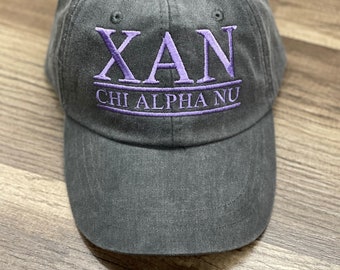 Chi Alpha Nu, Sorority hat, Embroidered Adams hat, monogrammed hat, Fraternity hats, Unstructured hat, Custom hat, college gift