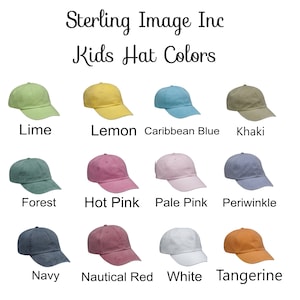 May include: A chart showing 12 different colors of kids' hats. The colors are: lime, lemon, Caribbean blue, khaki, forest, hot pink, pale pink, periwinkle, navy, nautical red, white, and tangerine.