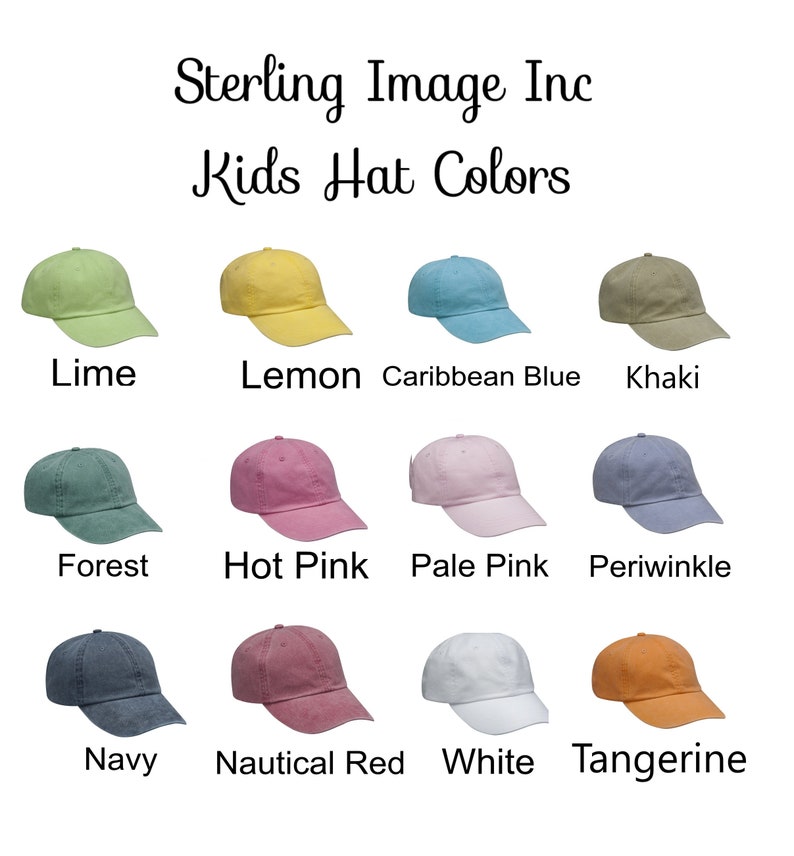 May include: A chart showing 12 different colors of kids' hats. The colors are: lime, lemon, Caribbean blue, khaki, forest, hot pink, pale pink, periwinkle, navy, nautical red, white, and tangerine.