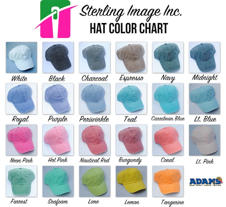 Puede incluir: Carta de colores que muestra 18 colores diferentes de gorras de b&eacute;isbol. Los colores incluyen blanco, negro, carb&oacute;n, espresso, azul marino, medianoche, azul real, morado, periwinkle, turquesa, azul caribe, azul claro, rosa ne&oacute;n, rosa intenso, rojo n&aacute;utico, burdeos, coral, rosa claro, forrest, espuma de mar, lima, lim&oacute;n y mandarina.