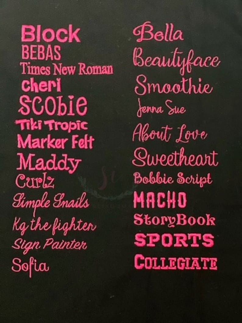 May include: A black background with a list of font names in pink. The font names include Block, Bebas, Times New Roman, cheri, scobie, Tiki Tropic, Marker Felt, Maddy, Curlz, Simple Snails, Kg the fighter, Sign Painter, Sofia, Bella, Beautyface, Smoothie, Jenna Sue, About Love, Sweetheart, Bobbie Script, MACHO, StoryBook, SPORTS, and COLLEGIATE.