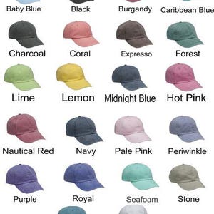 May include: A collection of twenty baseball caps in various colors including baby blue, black, burgundy, Caribbean blue, charcoal, coral, espresso, forest, lime, lemon, midnight blue, hot pink, nautical red, navy, pale pink, periwinkle, purple, royal, seafoam, stone, teal, and white.