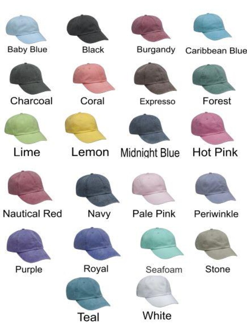 May include: A collection of twenty baseball caps in various colors including baby blue, black, burgundy, Caribbean blue, charcoal, coral, espresso, forest, lime, lemon, midnight blue, hot pink, nautical red, navy, pale pink, periwinkle, purple, royal, seafoam, stone, teal, and white.