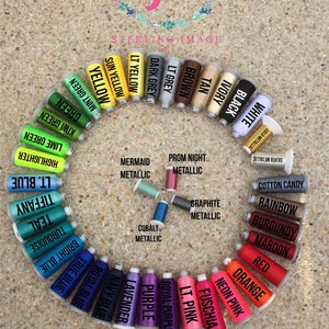 May include: A variety of embroidery floss spools in different colors, including white, black, ivory, tan, brown, light gray, dark gray, light yellow, sun yellow, yellow, mint green, green, kiwi green, lime green, highlighter, light blue, tiffany, teal, turquoise, bright blue, true blue, royal blue, navy blue, lavender, purple, royal purple, light pink, fuchsia, neon pink, orange, red, maroon, burgundy, rainbow, cotton candy, silver metallic, and gold metallic. The spools are arranged in a circle with the text "Sterling Image" at the top and "Metallic Threads +$2" at the bottom.