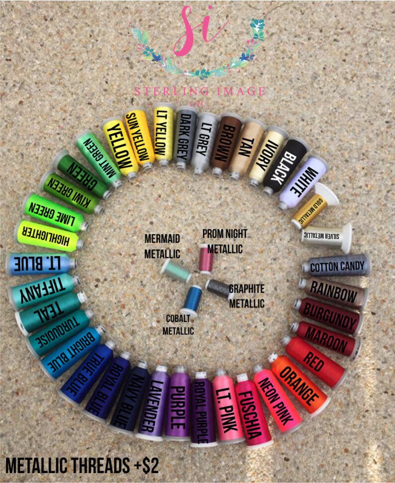 May include: A variety of embroidery floss spools in different colors, including white, black, ivory, tan, brown, light gray, dark gray, light yellow, sun yellow, yellow, mint green, green, kiwi green, lime green, highlighter, light blue, tiffany, teal, turquoise, bright blue, true blue, royal blue, navy blue, lavender, purple, royal purple, light pink, fuchsia, neon pink, orange, red, maroon, burgundy, rainbow, cotton candy, silver metallic, and gold metallic. The spools are arranged in a circle with the text "Sterling Image" at the top and "Metallic Threads +$2" at the bottom.