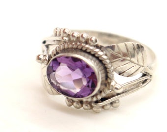 Sterling Silver Purple Amethyst Leaf Ring sz P US 7 1/2 Promise Sweetheart February Birthday Gift for Her Mum