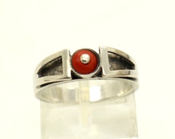 Continental Silver Red Coral Modernist Ring size M 1/2 US 6 1/2 Vintage Polish Birthday Christmas Gift for Her Mum