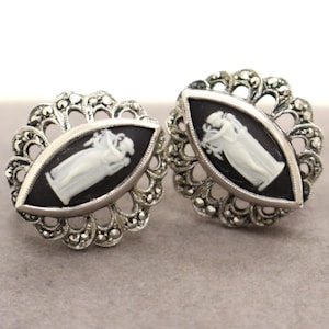 WEDGWOOD Black Basalt Jasperware Sterling Silver Marcasites Screw Back Earrings Vintage Anniversary Christmas Birthday Gift for Her