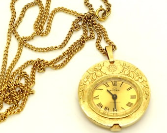 BULER 17 Jewels SWISS Made Ladies Mechanical Gold Colour Watch Pendant on 28inch long chain Necklace WORKING Vintage Birthday Gift for Her