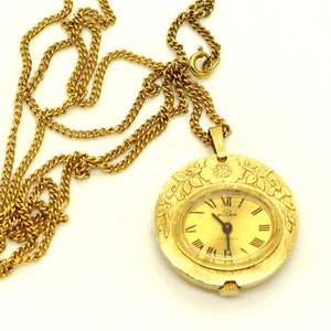 BULER 17 Jewels SWISS Made Ladies Mechanical Gold Colour Watch Pendant on 28inch long chain Necklace WORKING Vintage Birthday Gift for Her