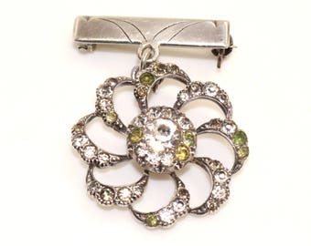 Sterling Silver FLOWER Clear Paste Dangling Brooch Antique ca1900 Vintage Wedding Birthday Christmas Gift for Her