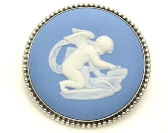 WEDGWOOD Blue JASPERWARE Cupid Sterling Silver Round Brooch Pin Vintage Christmas Birthday Gift for Her