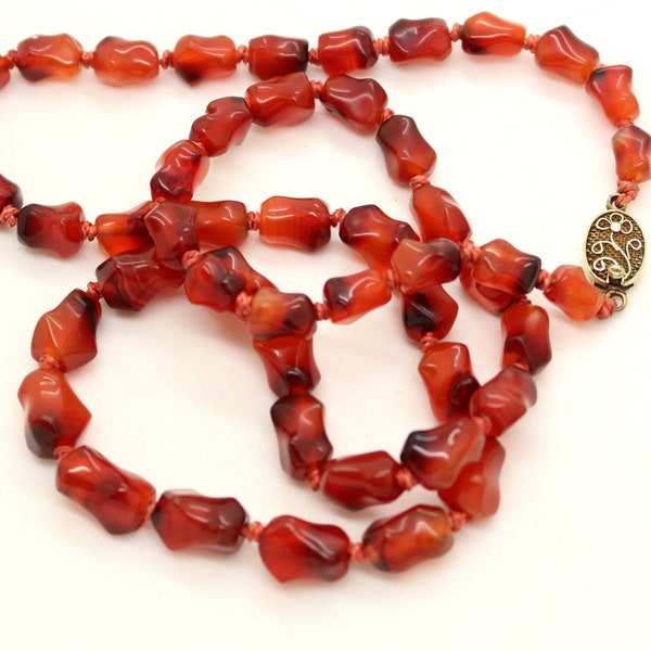 Chinese Export Red Carnelian Knuckle Bone Shaped Hand Knotted 24inch Long Graduated Necklace with Sterling Silver Clasp Vintage Gift for Her