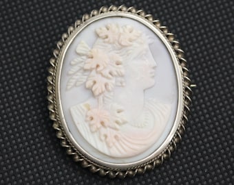 Victorian Pink White Coral Carved CAMEO Bust Sterling Silver Brooch Pin Roman Goddess Antique Vintage Wedding Birthday Gift for Her