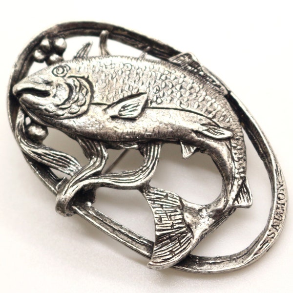 MIRACLE Scottish Salmon Fish Silver Tone Brooch Pin Scarf Clip 1960s Vintage Christmas Birthday Gift for Her